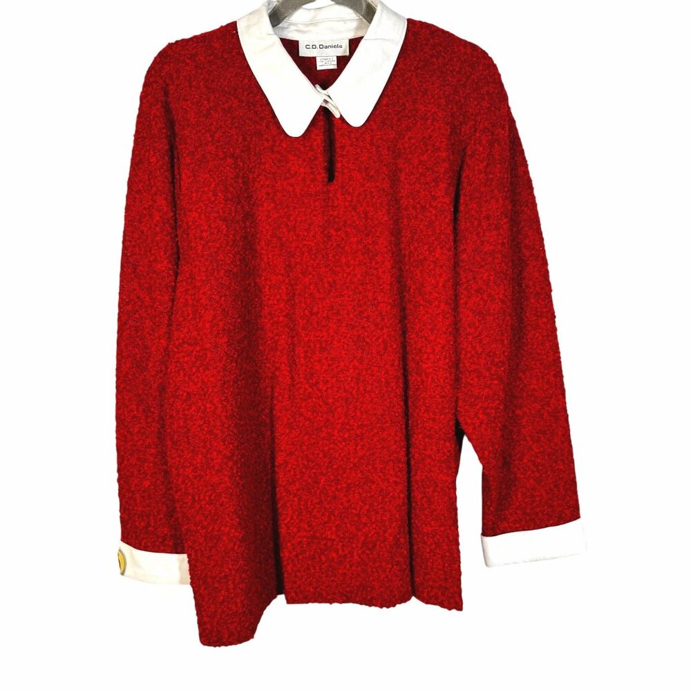 C.D. Daniels Womens Red Bouclé Sweater White Collar Button Snap Cuff SZ XL